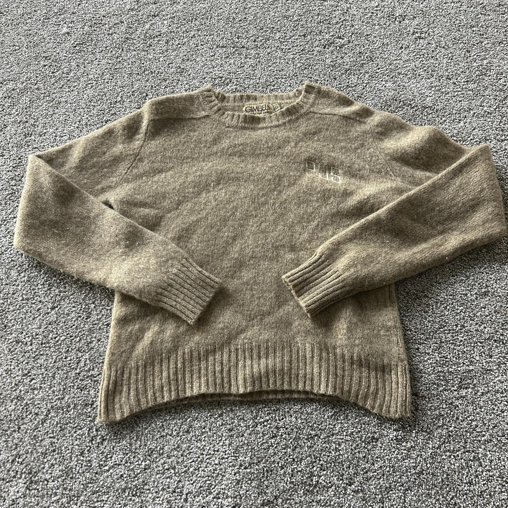 Vintage Gimbels Sweater Mens Large Brown Wool Tight Knit Crewneck Pullover Logo
